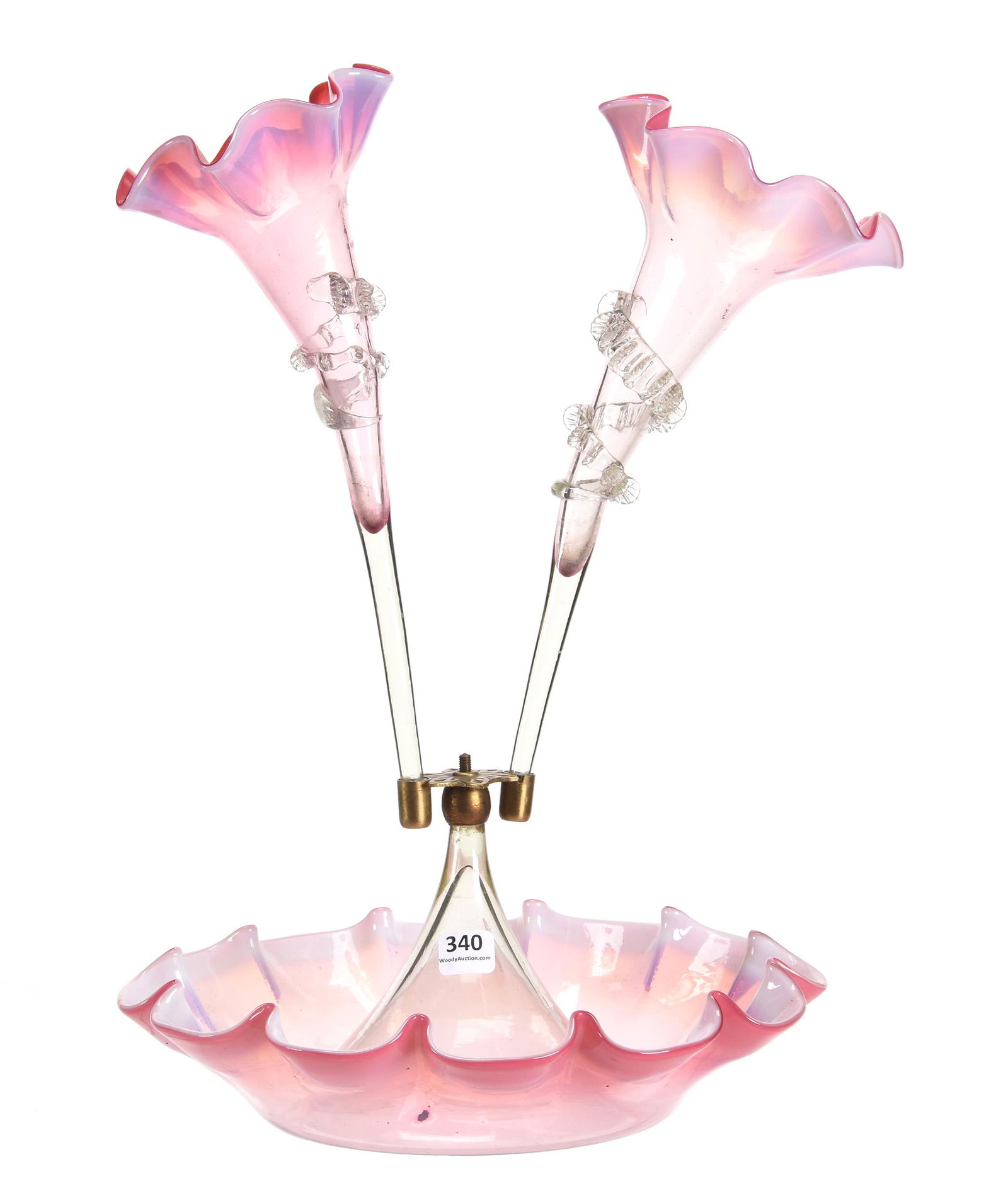 Epergne, cranberry opalescent art glass, two lily (1 of 3)