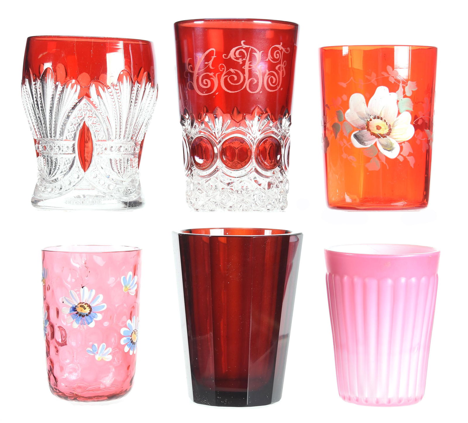 (6) Art glass tumblers, pink/red/ruby colors (1 of 3)