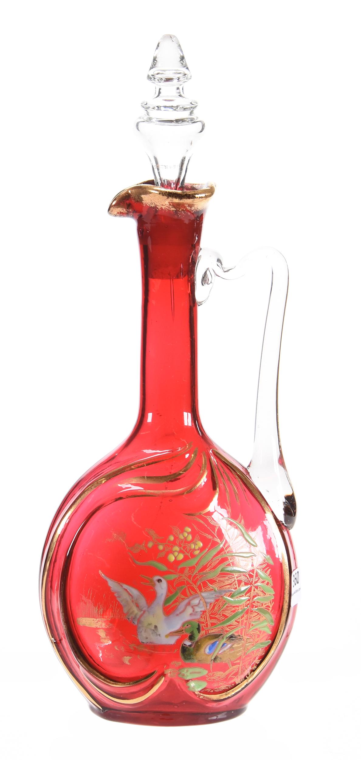 Decanter, cranberry attributed to Moser: Decanter, cranberry attributed to Moser 13.25" Quality enameled duck scenic decor - nice mold, gold stencil highlights; Hales Collection, Florida