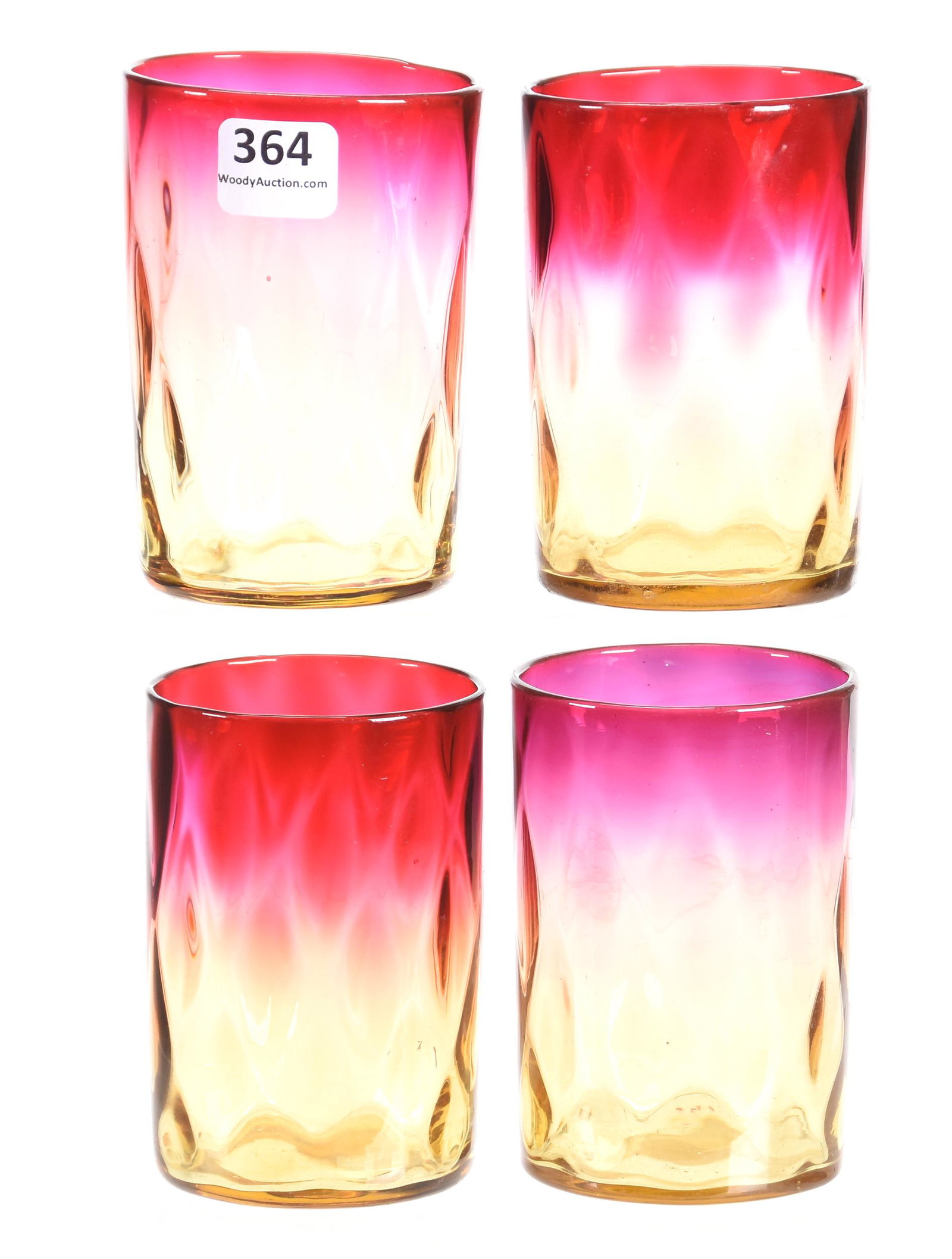 (4) Tumblers, amberina art glass, diamond quilted: (4) Tumblers, amberina art glass, diamond quilted 3.75" Polished pontils; Hales Collection, Florida
