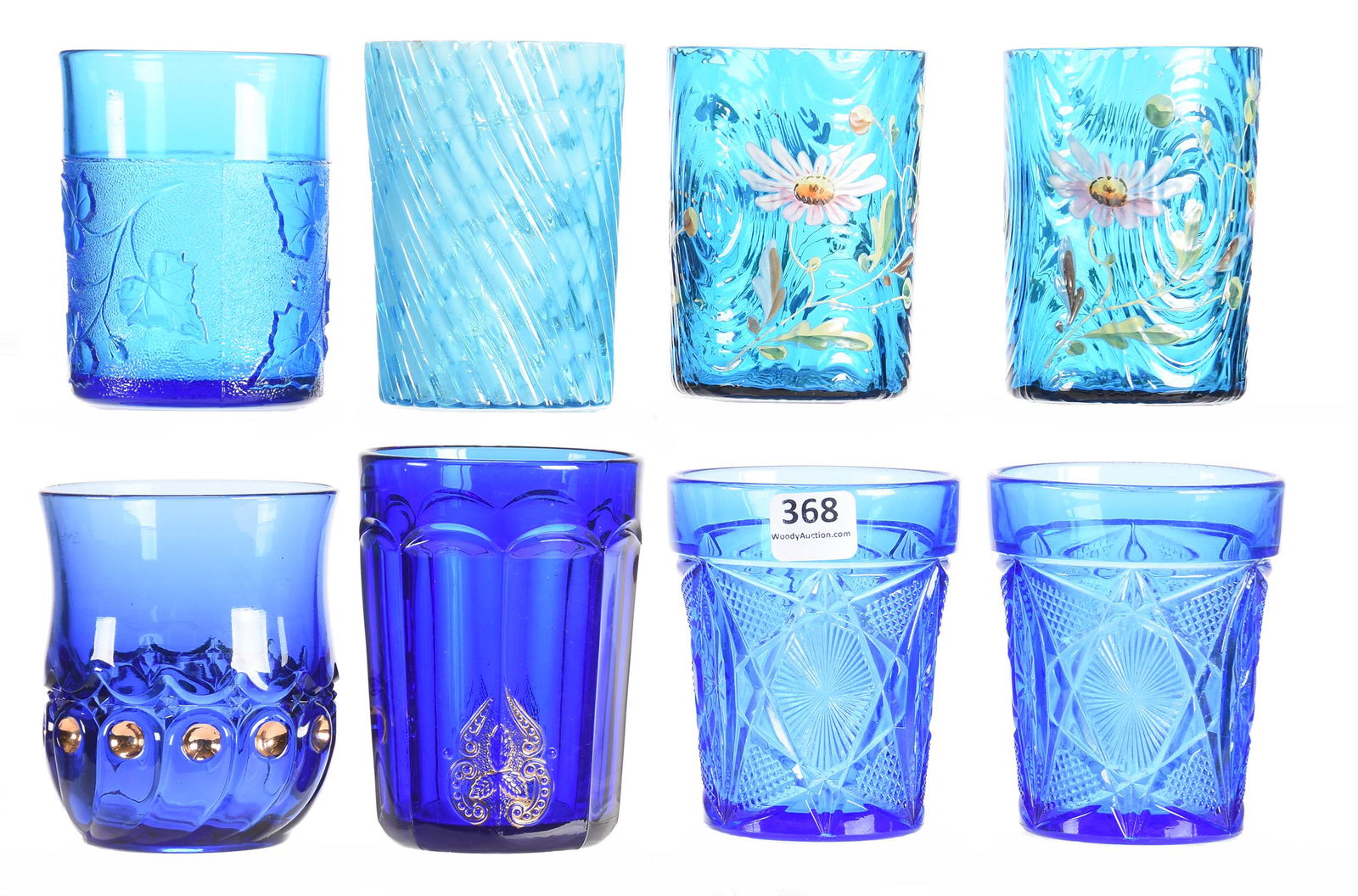 (8) Tumblers, blue art glass, assorted patterns (1 of 3)