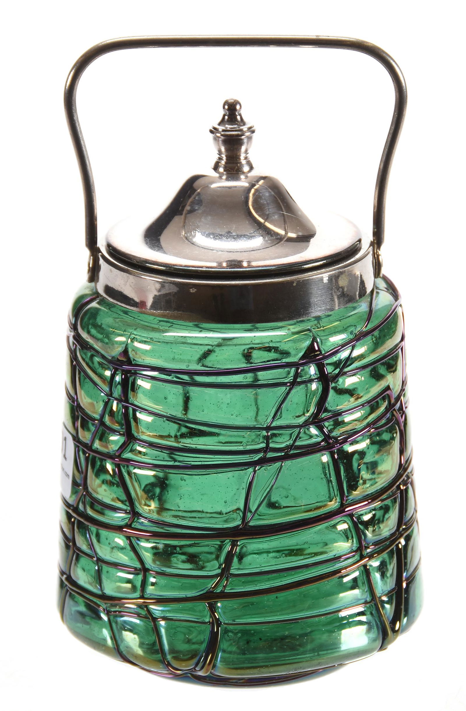 Jam jar, iridescent green with purple threads (1 of 2)