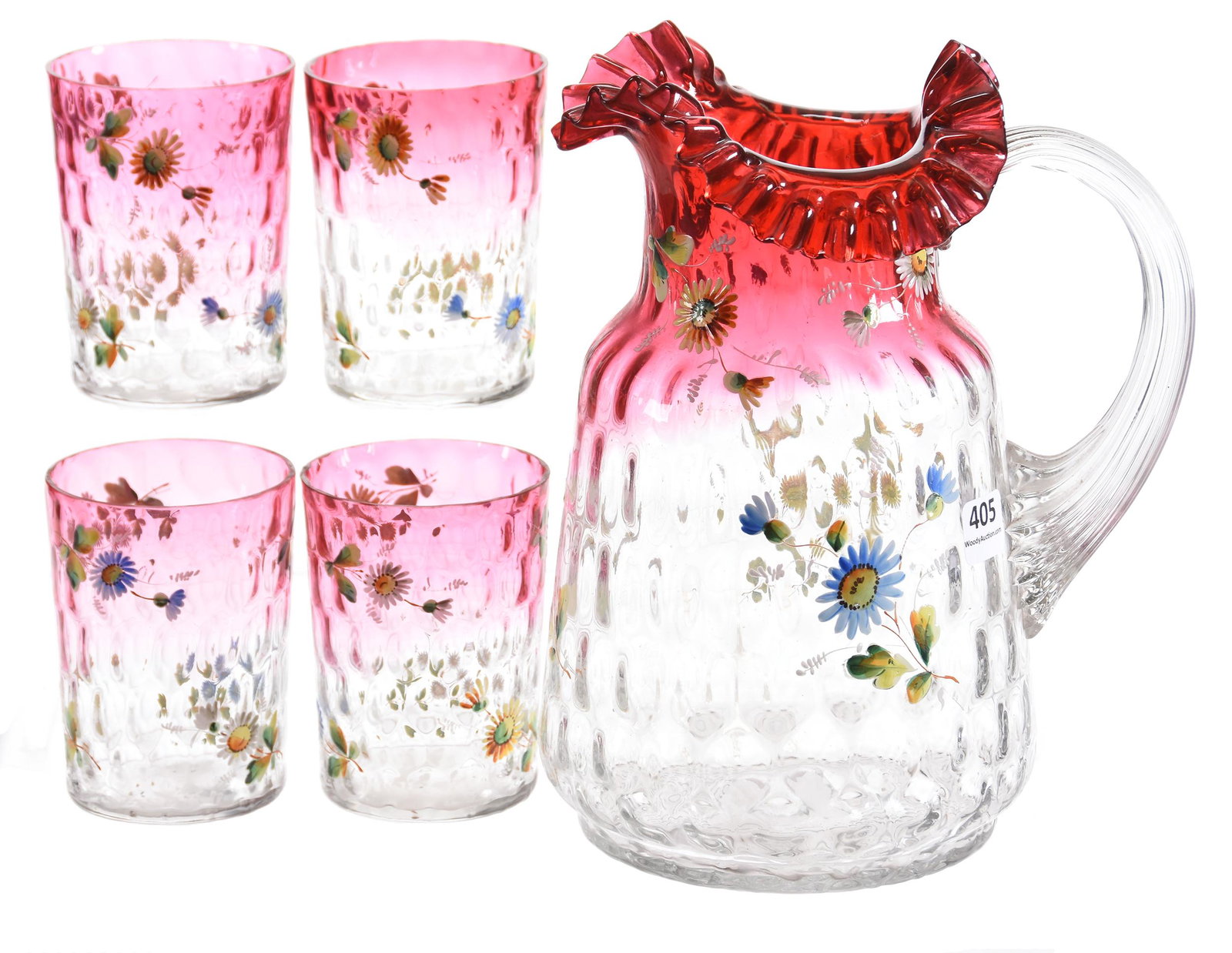 Water set, rubina Honeycomb pattern: Water set, rubina Honeycomb pattern 8.75", 3.75" (1) 8.75" Water pitcher with enameled daisy decor, clear ribbed handle; (4) matching 3.75" tumblers; Hales Collection, Florida