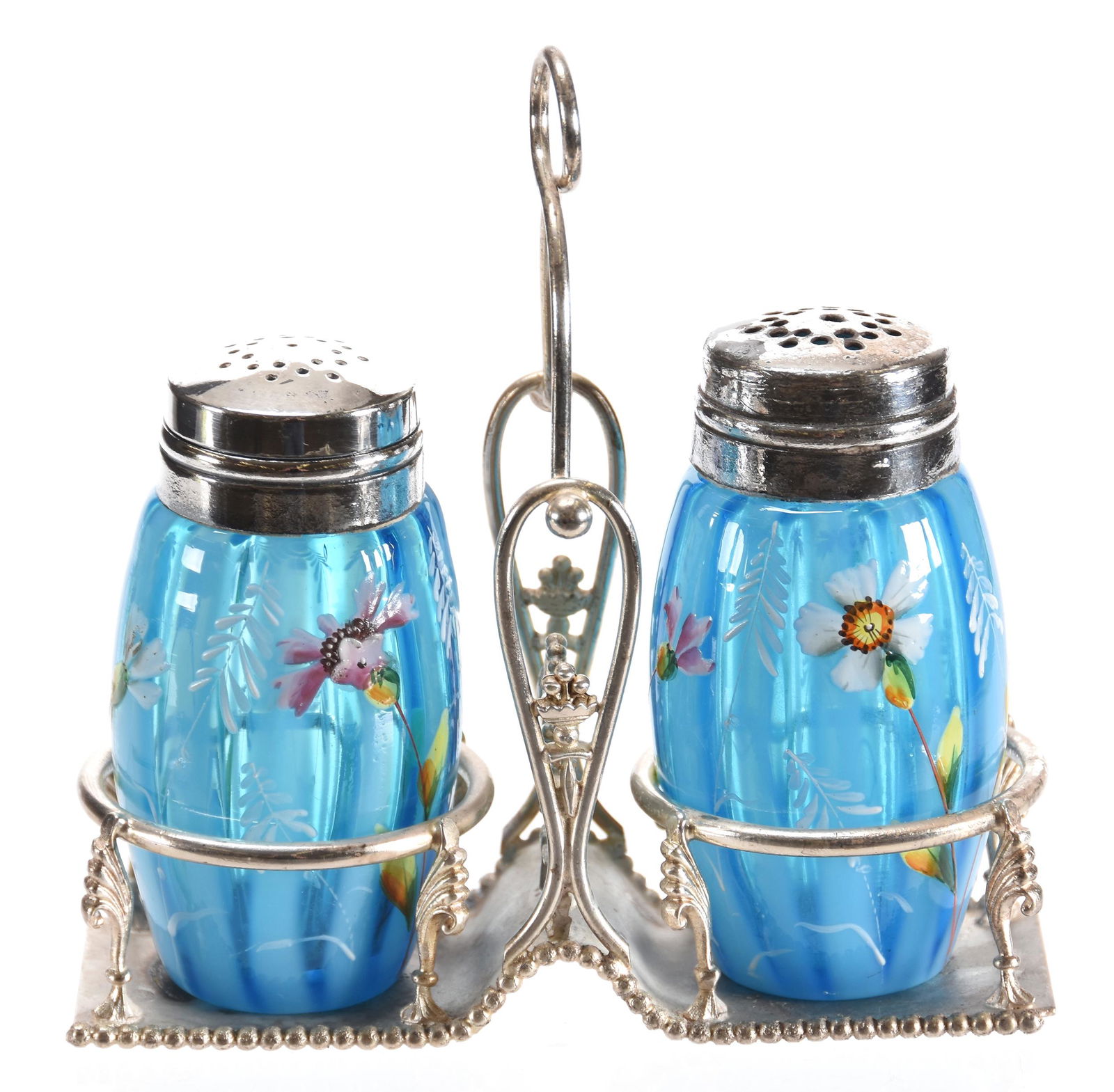 Salt shaker set, Meriden #78 silverplate frame (1 of 2)