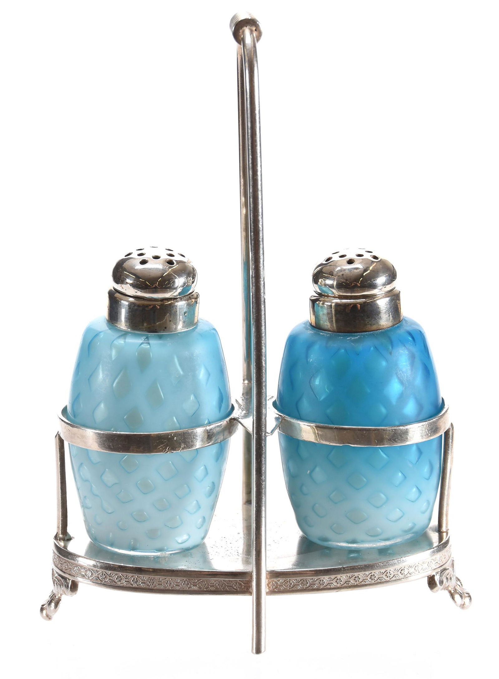 Salt shaker set, Pelton Bros silverplate frame (1 of 2)