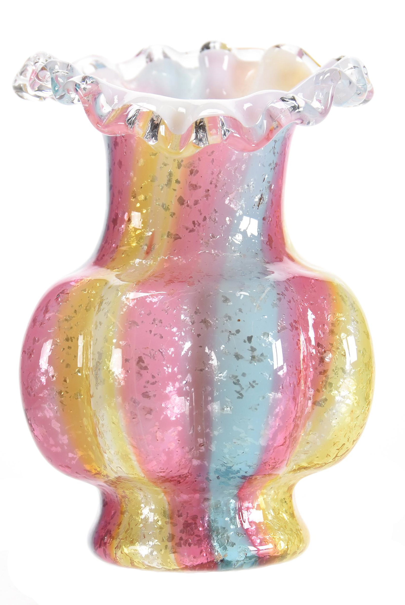 Vase, cased rainbow melon ribbed with mica highlights: Vase, cased rainbow melon ribbed with mica highlights 4" Nice quality!; Hales Collection, Florida