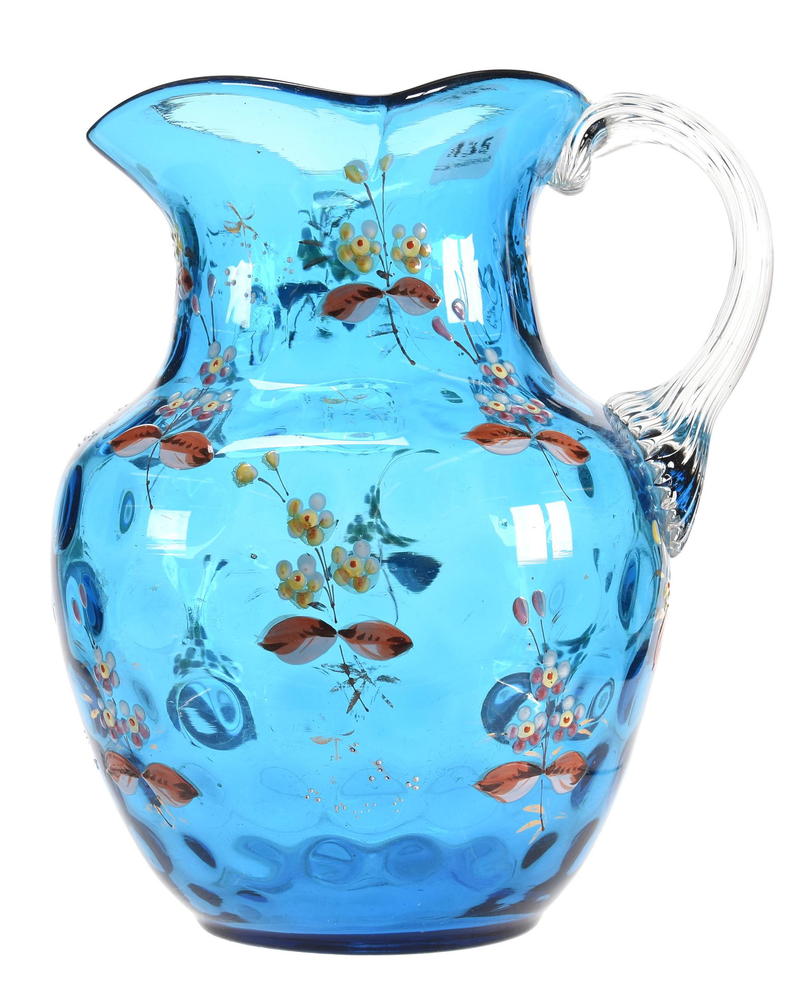 Water pitcher, blue coinspot with enamel floral decor (1 of 3)