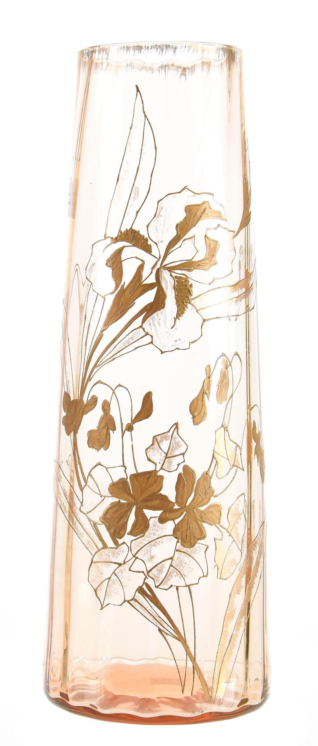 Vase, cylindrical form solid amber enamel iris decor (1 of 3)