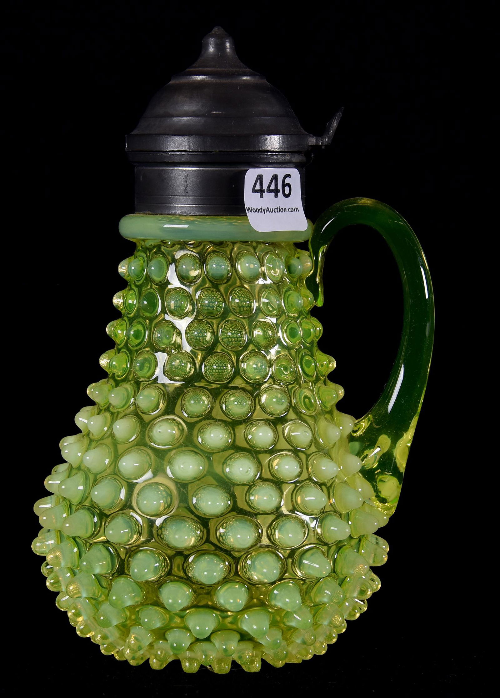 Syrup pitcher, vaseline opalescent hobnail by Hobbs (1 of 3)