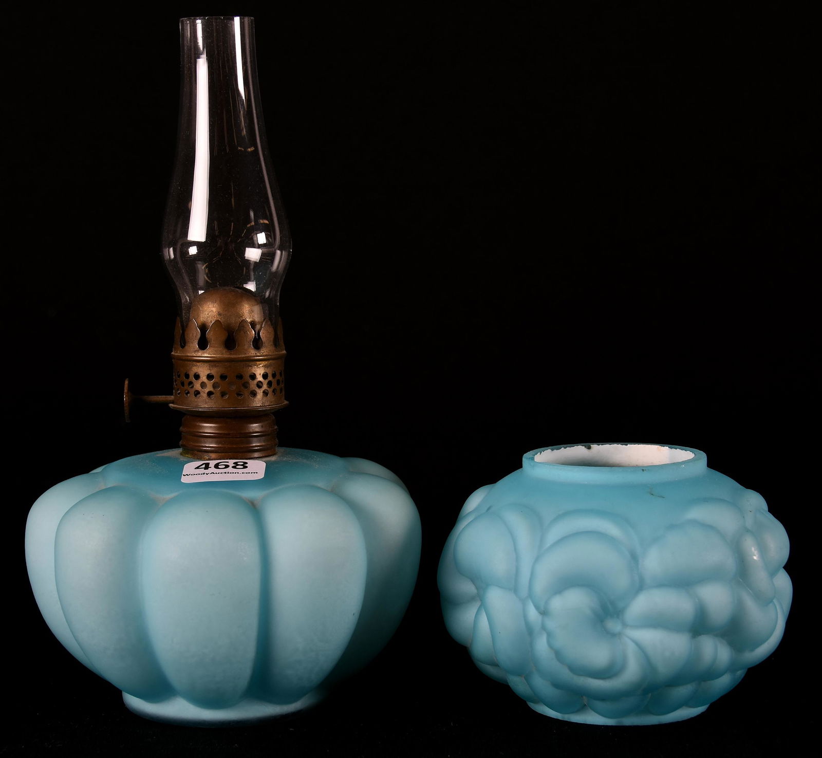 Miniature lamp, blue satin, Pansy pattern shade (1 of 2)