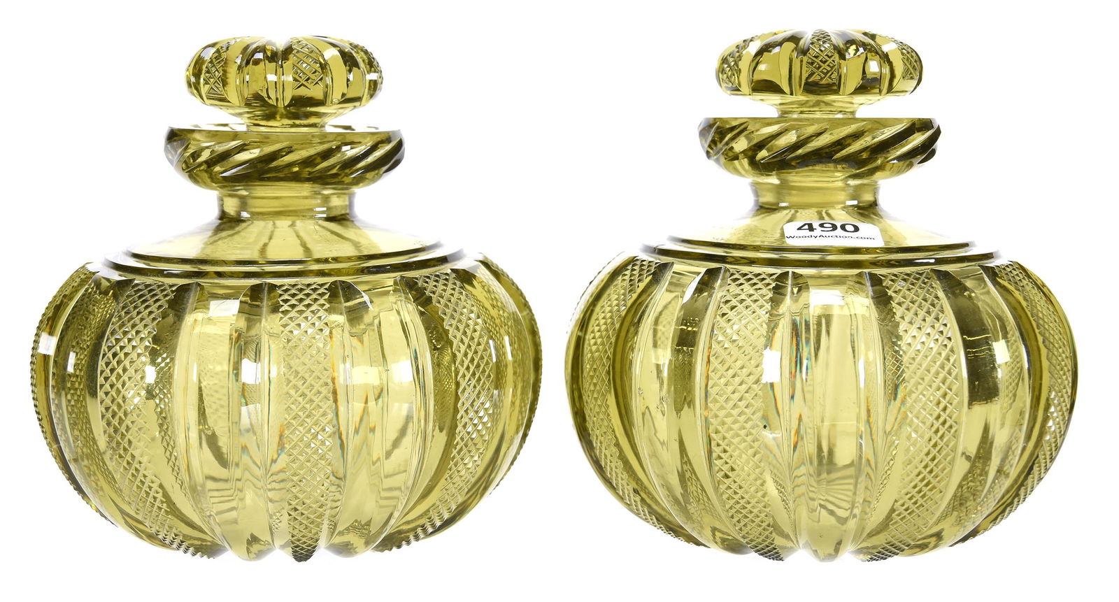 Pair cologne bottles American cut glass, olive color (1 of 4)