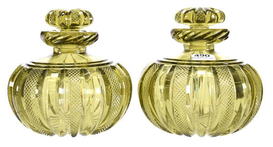 Pair cologne bottles American cut glass, olive color