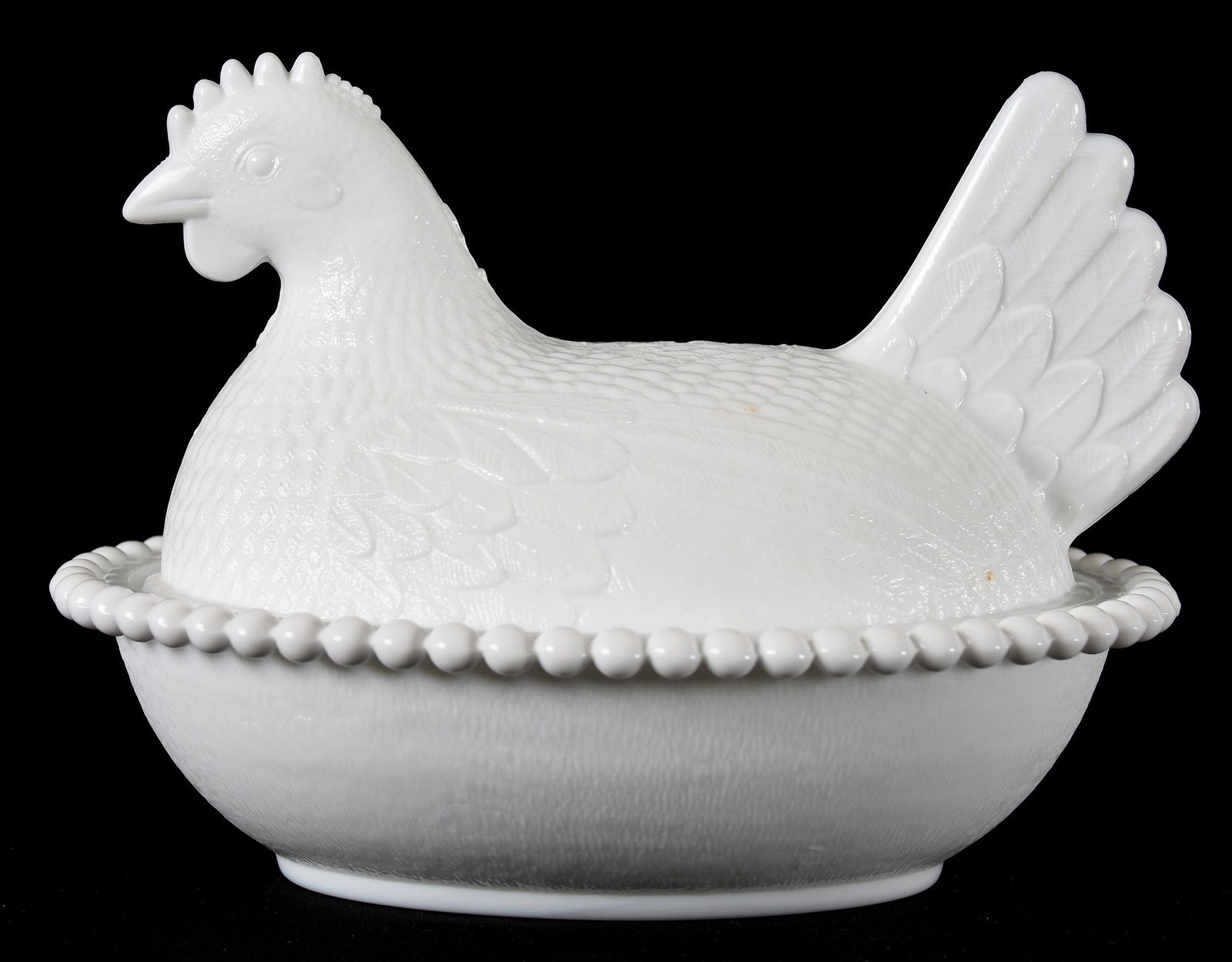 Covered hen dish, milk glass, beaded base (1 of 3)