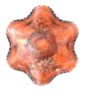 Carnival Glass Advertising Ruffled Bowl, Amethyst: Carnival glass advertising ruffled bowl, amethyst; 6" Compliments of The Central Shoe Store - Fenton; Bill Maxton Collection, Illinois