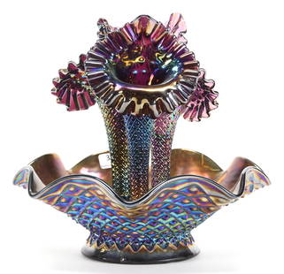 Contemporary Fenton Carnival Three Lily Epergne: Contemporary Fenton carnival three lily epergne; 9.5" x 10" Diamond Lace pattern - Purple; Bill Maxton Collection, Illinois