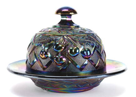 Contemporary Mosser Carnival Glass Butter Dish: Contemporary Mosser carnival glass butter dish; 5.25" x 7.75" Cherry & Lattice pattern - Purple; Bill Maxton Collection, Illinois