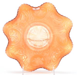 Carnival Glass Bowl, Dragon & Lotus Pattern: Carnival glass bowl, Dragon & Lotus pattern; 8.75" Marigold, ruffled - Fenton; Bill Maxton Collection, Illinois
