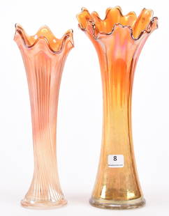 (2) Carnival Glass Vases, Marigold: (2) Carnival glass vases, Marigold; 11", 10" (1) 3.25" base diameter; (1) 2.5" base diameter; Bill Maxton Collection, Illinois