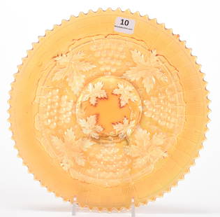 Carnival Glass Plate, Grape & Cable by Northwood: Carnival glass plate, Grape & Cable by Northwood; 9" Marigold - Basketweave exterior; Bill Maxton Collection, Illinois