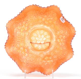 Carnival Glass Bowl, Cherry Chain by Fenton: Carnival glass bowl, Cherry Chain by Fenton; 10" Marigold - Orange tree exterior; Bill Maxton Collection, Illinois