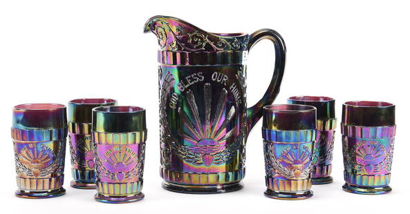 Contemporary Carnival Glass Water Set, Purple: Contemporary carnival glass water set, Purple; 9", 4.5" God and Home pattern by Westmoreland - (6) matching tumblers; Bill Maxton Collection, Illinois