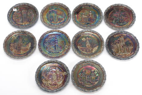 (10) Contemporary Carnival Glass Christmas Plates: (10) Contemporary carnival glass Christmas plates; 8" Out of a series of 12, missing plate #'s 8 & 11; Bill Maxton Collection, Illinois