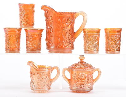 (8) Carnival Glass Luster Rose Pattern Items: (8) Carnival glass Luster Rose pattern items; 8.25", 4.5" (1) 8.25" Water pitcher, rich marigold; (5) 4.5" Tumblers, marigold; (1) Creamer & Sugar - Imperial; Bill Maxton Collection, Illinois