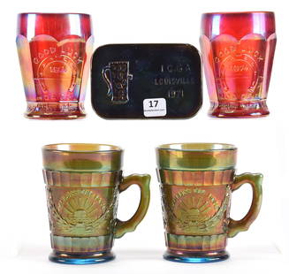 (5) Contemporary Carnival Glass Souvenir Items: (5) Contemporary carnival glass souvenir items; 4.25" (2) 1968 God & Home mugs for Dayton Ohio ACGA convention, Teal; (2) 1974 Good Luck tumblers for HOACGA convention, Red; (1) 1971 Paperweight for