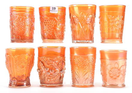 (8) Carnival Glass Tumblers, Marigold: (8) Carnival glass tumblers, Marigold; 3.75"-4" Patterns include: Dahlia; Acorn & Burrs; Bouquet; Hobstar Band; Rambler Rose; Raspberry; Imperial Grape; Vineyard; Bill Maxton Collection, Illinois