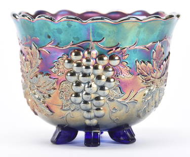 Carnival Glass Nut Dish, Grape Delight Pattern, Blue: Carnival glass nut dish, Grape Delight pattern, Blue; 4.25" x 5.75" Dugan; Bill Maxton Collection, Illinois