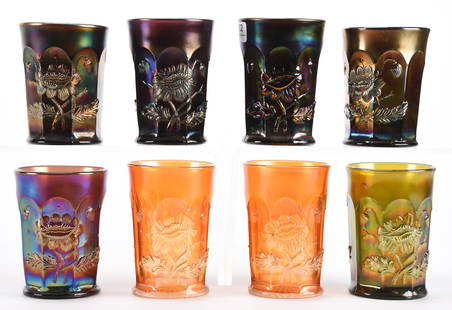 (8) Carnival Glass Tumblers, Oriental Poppy: (8) Carnival glass tumblers, Oriental Poppy; 4.25" (mostly); Includes: (4) Purple; (2) Marigold; (1) Amethyst; (1) Green - Northwood; Bill Maxton Collection, Illinois. UPDATED 12-5-19: One marigold