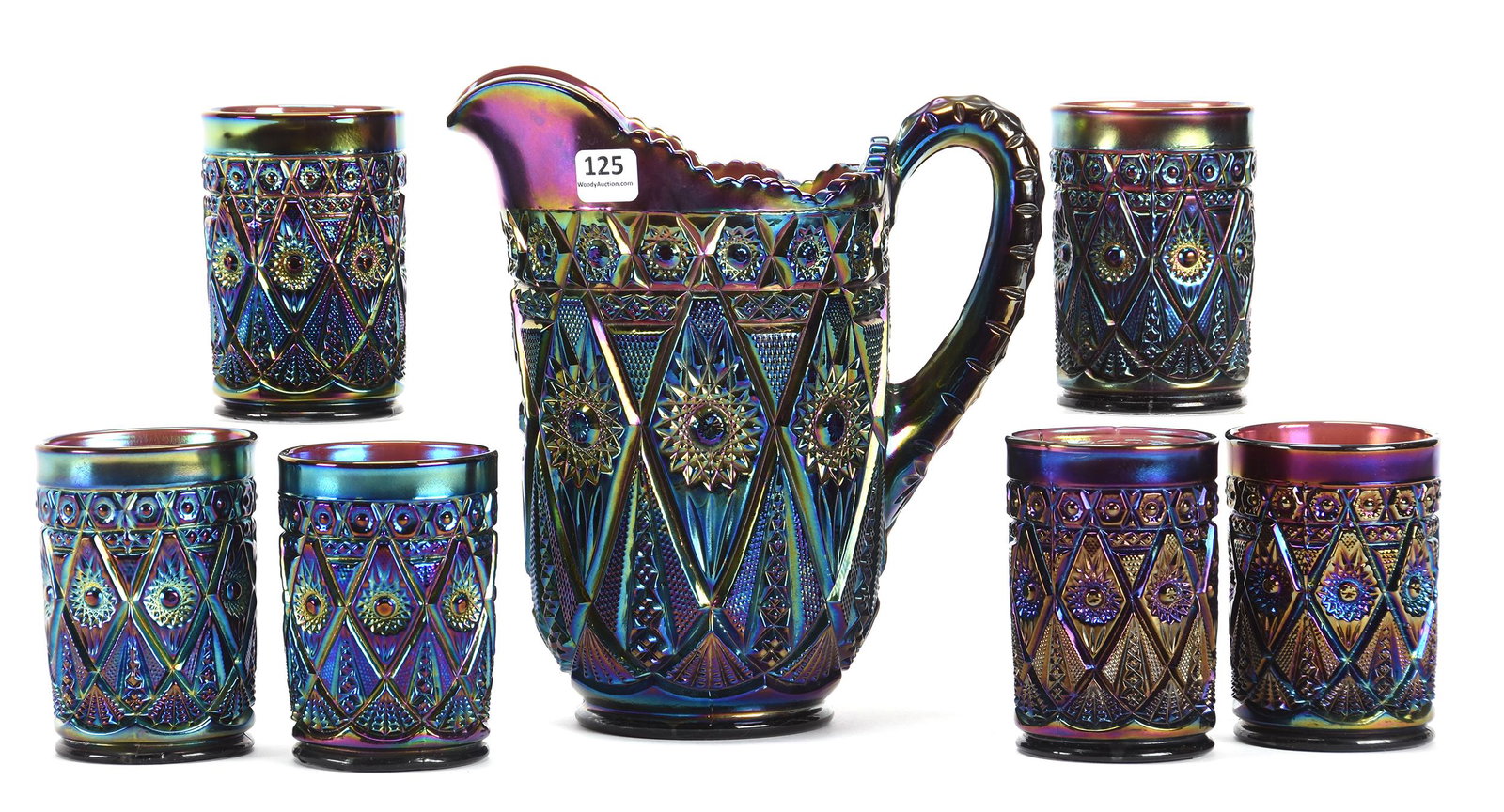 Carnival Glass Water Set, Diamond Lace Pattern: Carnival glass water set, Diamond Lace pattern; 9", 4" Purple by Imperial - (1) 9" Water pitcher with (6) 4" tumblers - Nice color!; Don Anderson Collection, Kansas