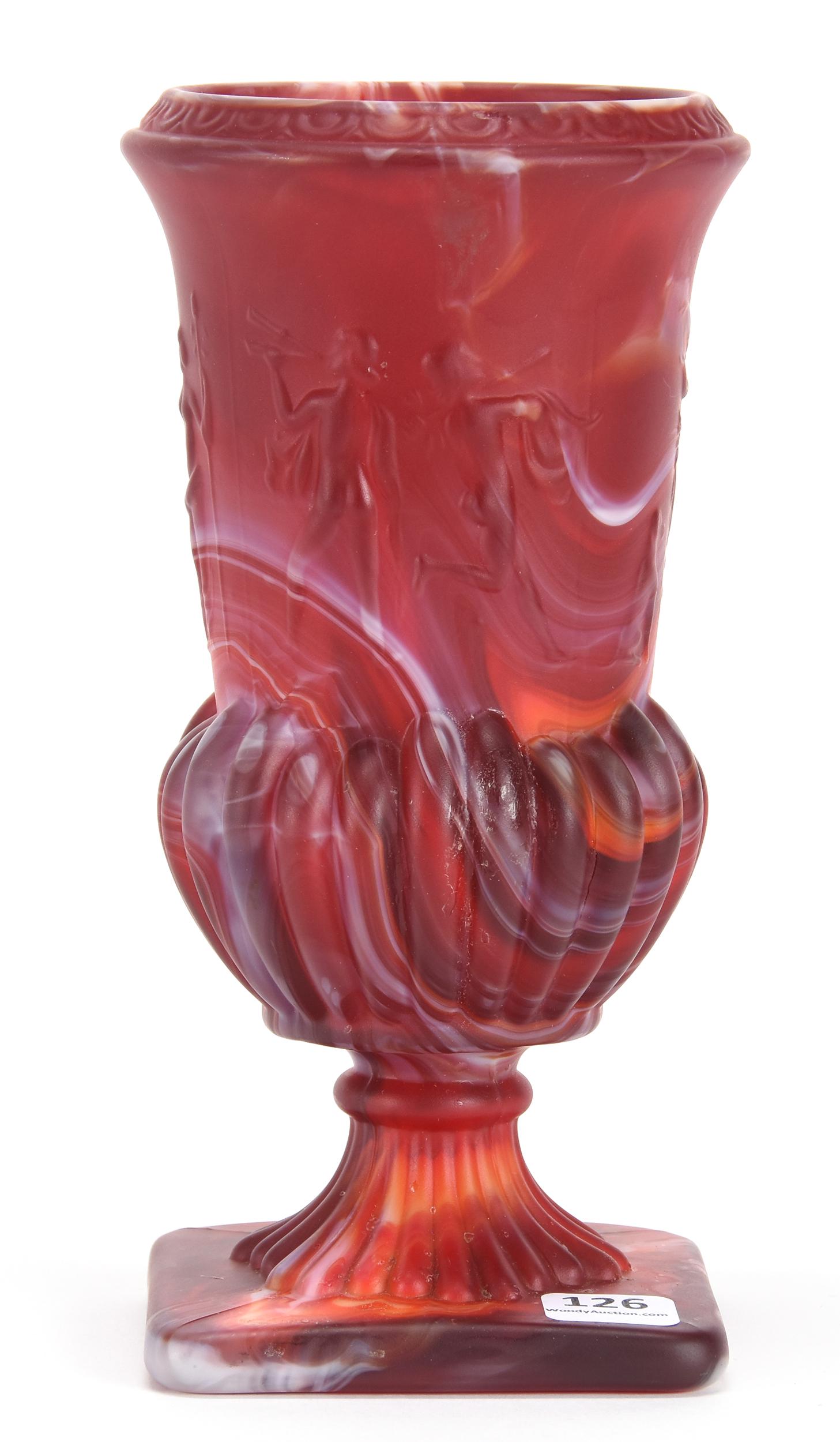 Slag Glass Pedestal Vase by Imperial, Dancing Nudes: Slag Glass pedestal vase by Imperial, Dancing Nudes; 8.25" Nice color; Don Anderson Collection, Kansas