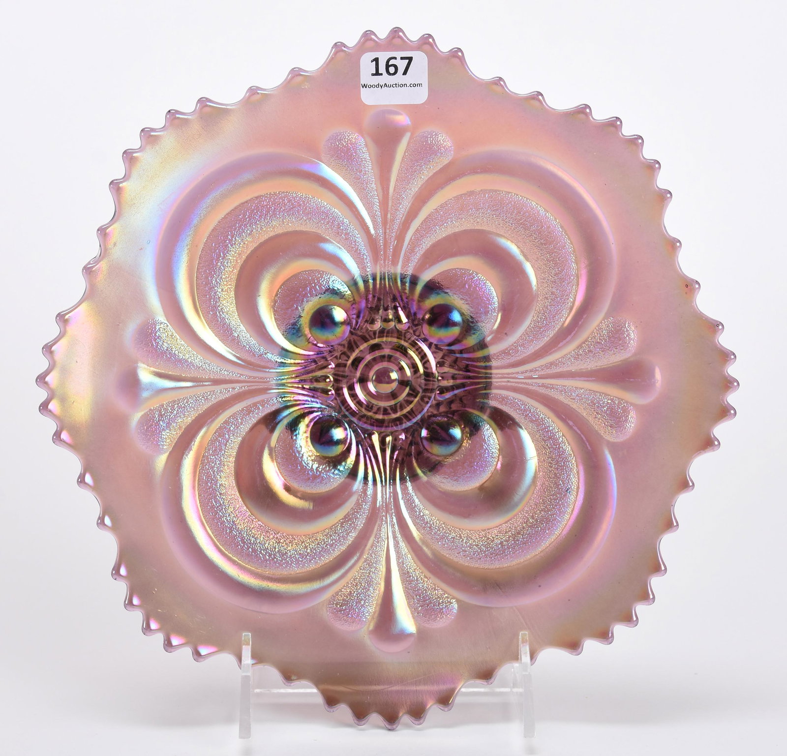 Carnival Glass Plate, Embossed Scroll Pattern: Carnival glass plate, Embossed Scroll pattern; 9" Purple by Imperial - nice color; Don Anderson Collection, Kansas