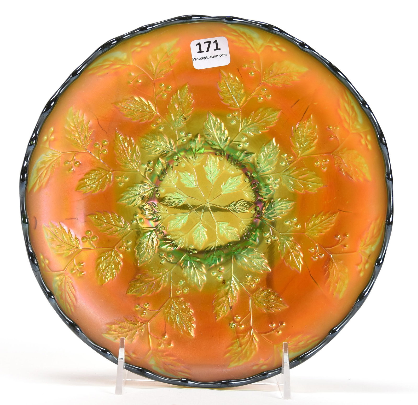 Carnival Glass Bowl, Holly Pattern by Fenton: Carnival glass bowl, Holly pattern by Fenton; 8.5" Green, round - nice color; Don Anderson Collection, Kansas