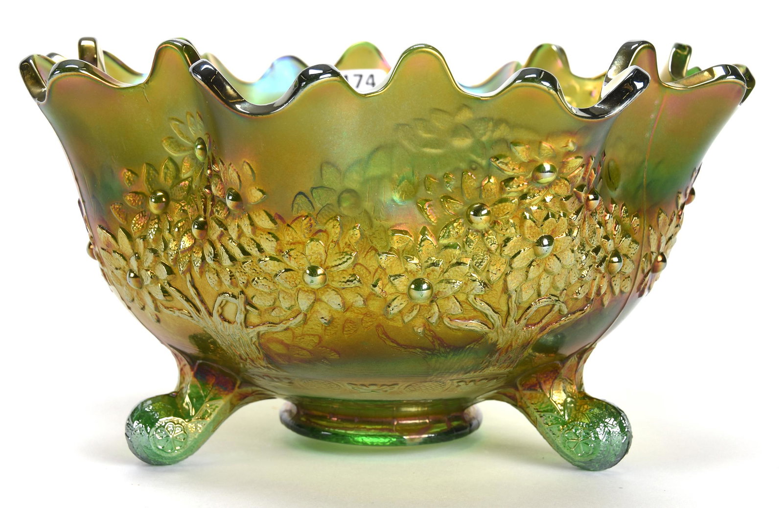 Carnival Glass Footed Bowl, Orange Tree Pattern: Carnival glass footed bowl, Orange Tree pattern; 5.5" x 10" Green by Fenton, ruffled - nice color!; Don Anderson Collection, Kansas