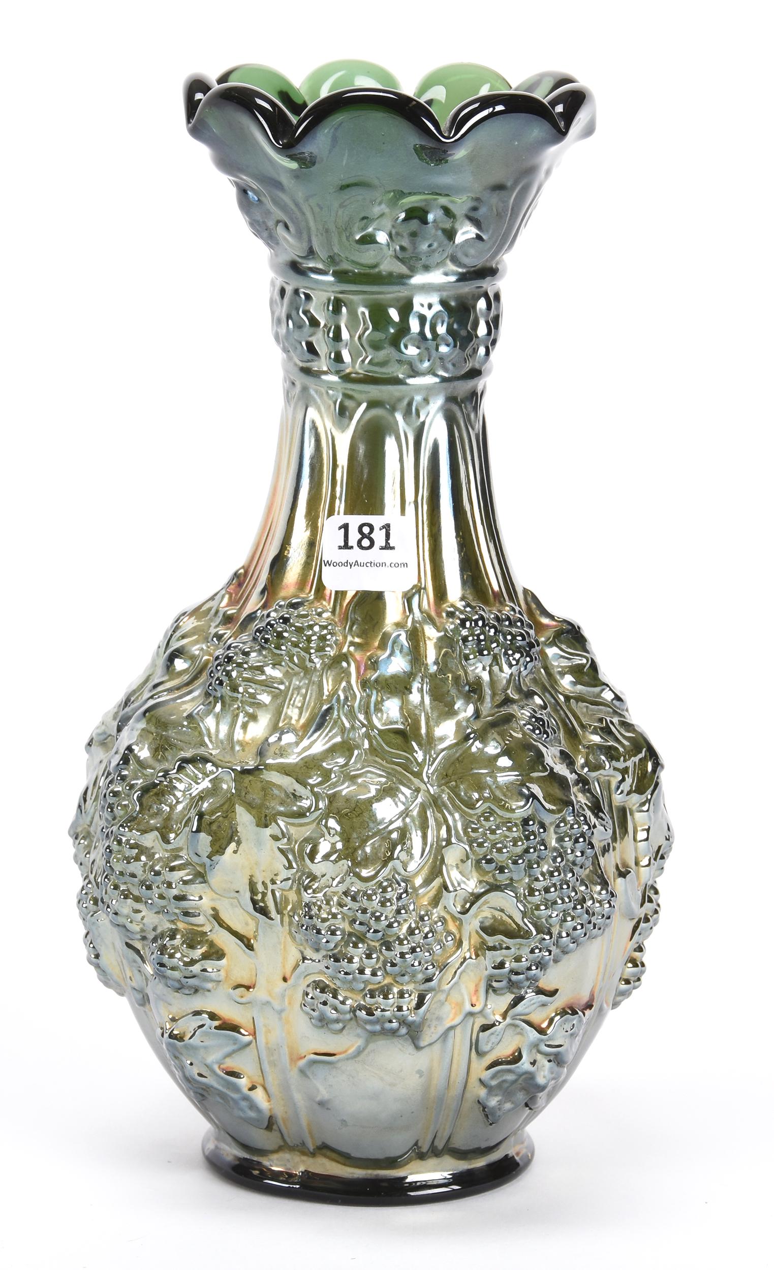 Carnival Glass Vase, Loganberry Pattern by Imperial: Carnival glass vase, Loganberry pattern by Imperial; 10.5" Helios Green, starred base - Nice; Don Anderson Collection, Kansas