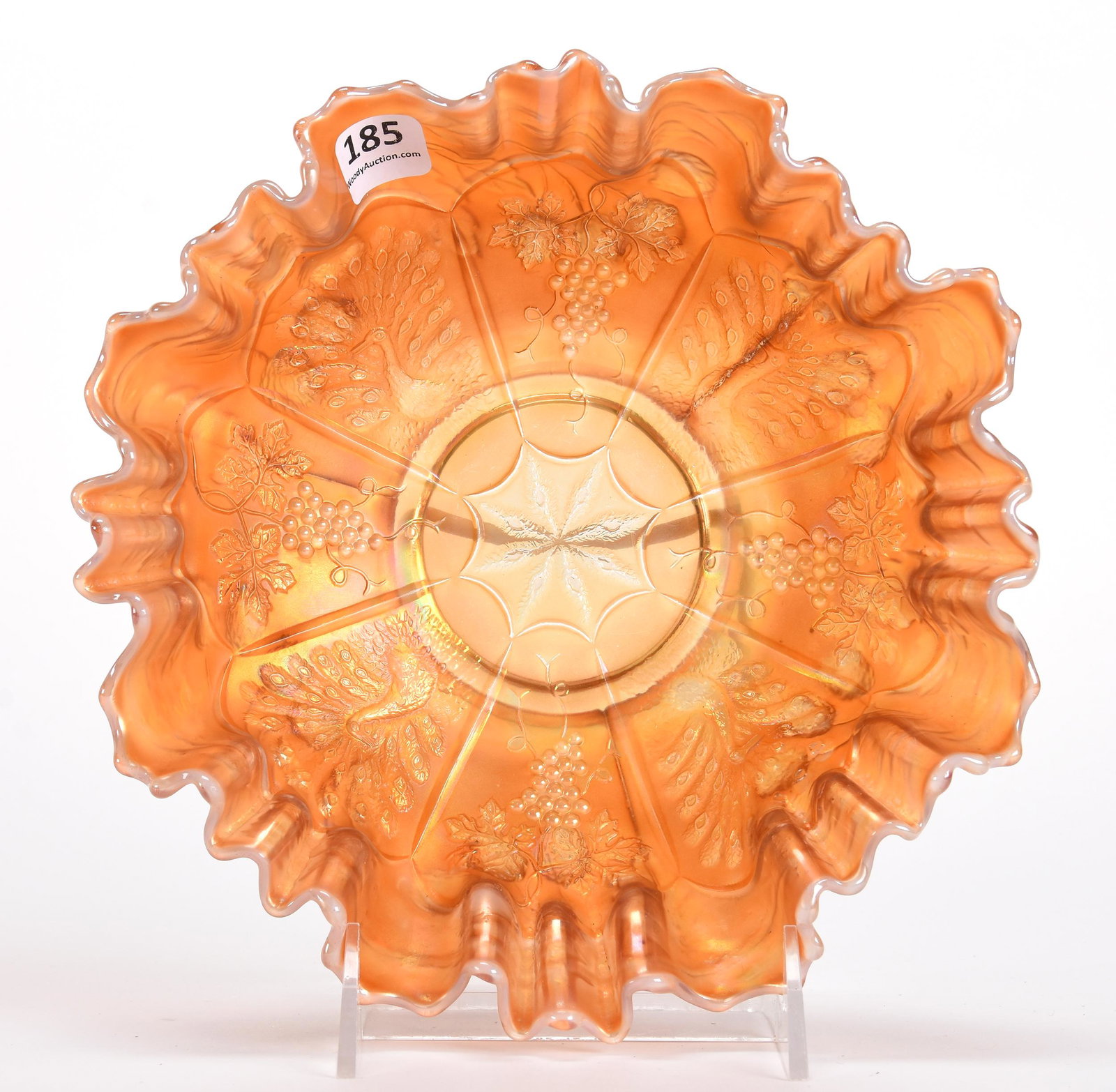 Carnival Glass Bowl, Peacock & Grape Pattern: Carnival glass bowl, Peacock & Grape pattern; 8.25" Peach Opal by Fenton - Nice Opal 3n1 edge; Don Anderson Collection, Kansas