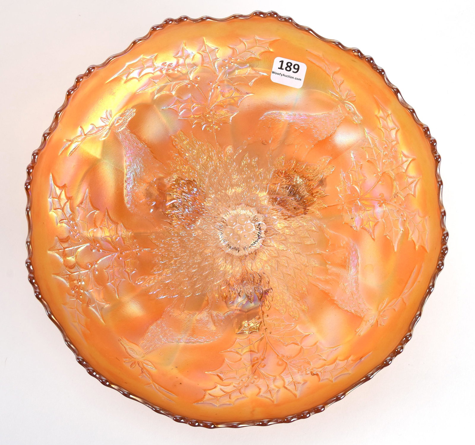Carnival Glass Footed Bowl, Stag & Holly Pattern: Carnival glass footed bowl, Stag & Holly pattern; 4" x 10.25" Marigold by Fenton - nice color; Don Anderson Collection, Kansas