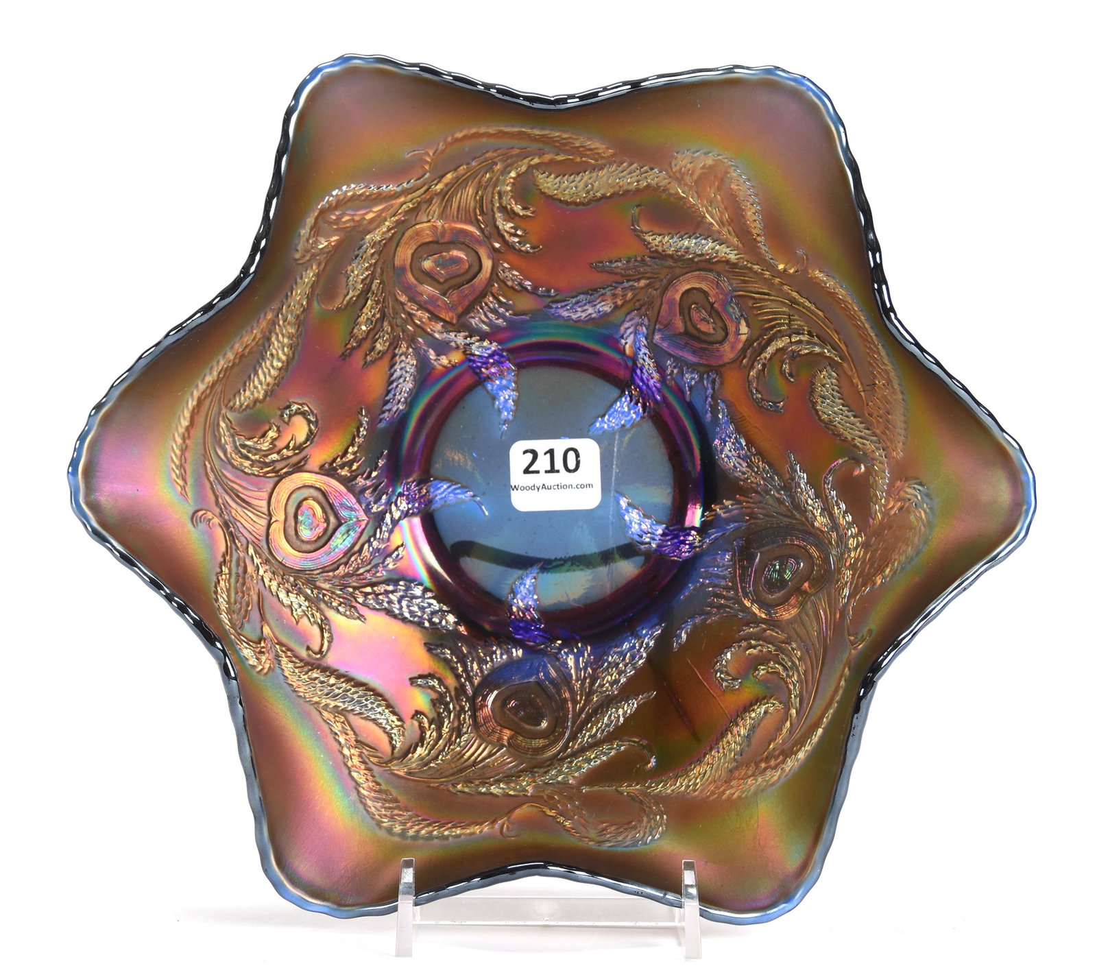 Carnival Glass Bowl, Heart & Vine Pattern by Fenton: Carnival glass bowl, Heart & Vine pattern by Fenton; 9" Blue, ruffled - nice color; Don Anderson Collection, Kansas