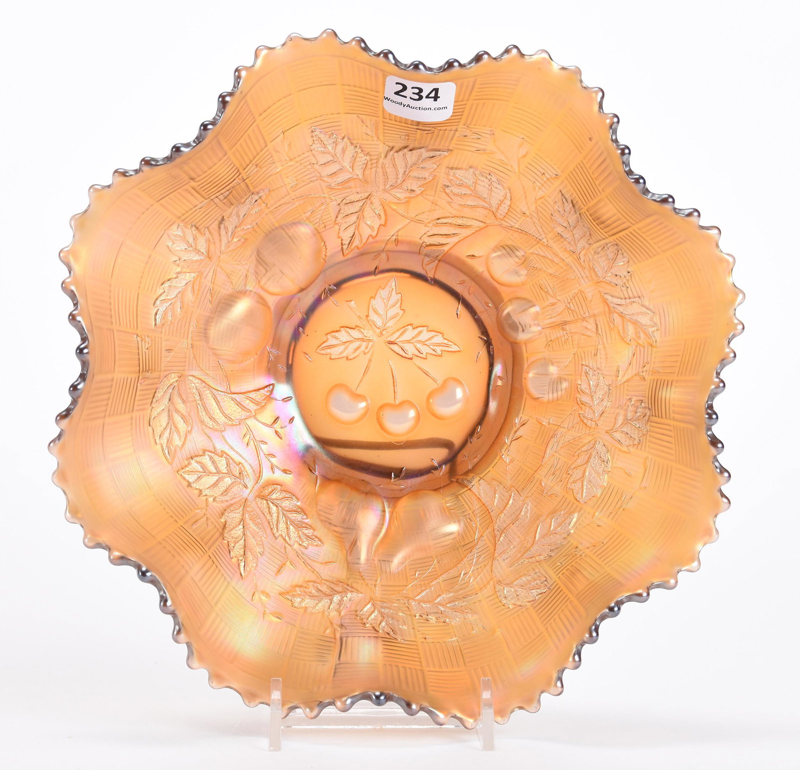 Carnival Glass Bowl, Three Fruits Pattern: Carnival glass bowl, Three Fruits pattern; 8.75" Horehound by Northwood, ruffled, basket weave exterior - nice color!; Don Anderson Collection, Kansas