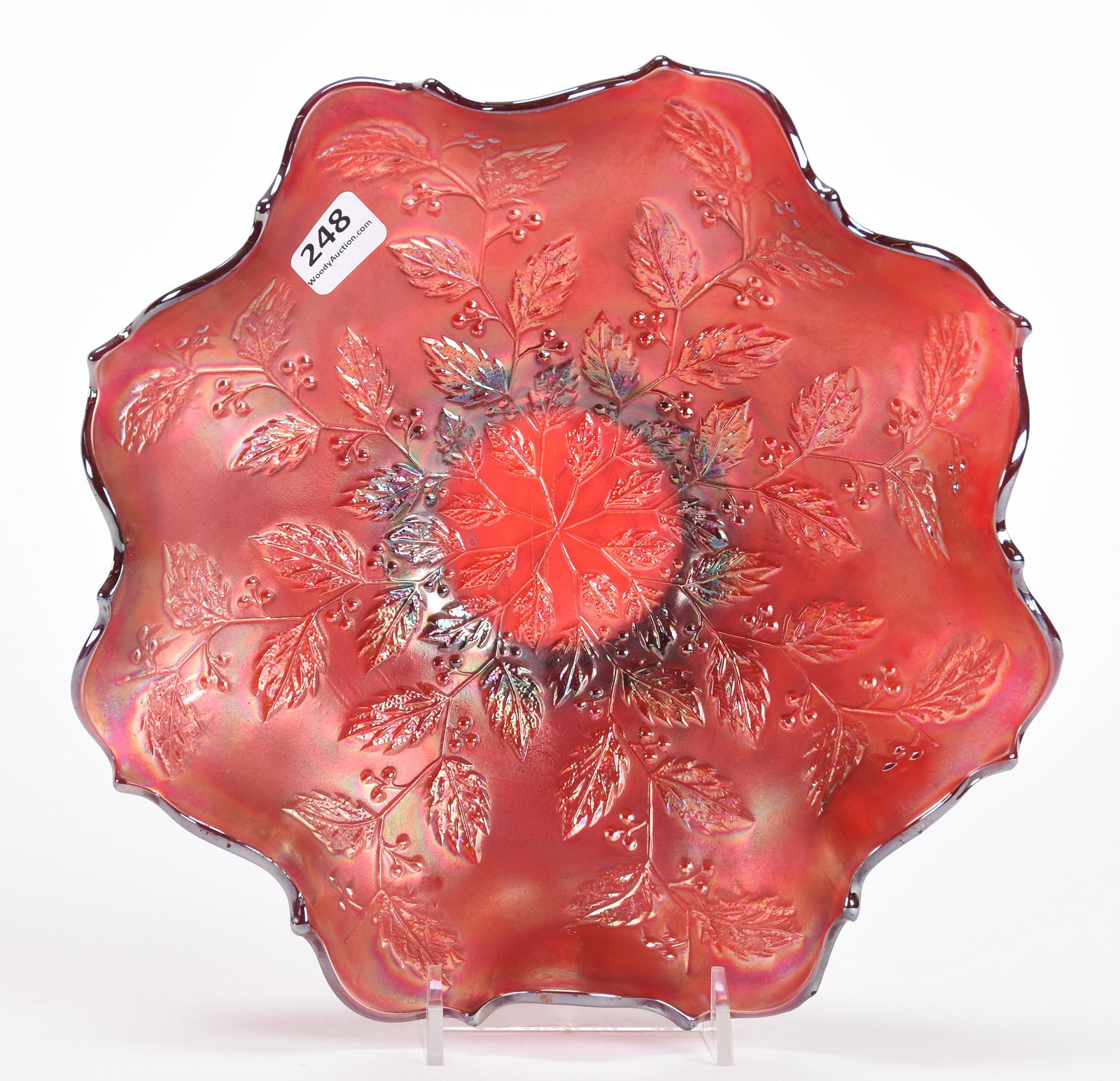 Carnival Glass Bowl, Holly Pattern by Fenton: Carnival glass bowl, Holly pattern by Fenton; 9.25" Red, nice color!; Don Anderson Collection, Kansas