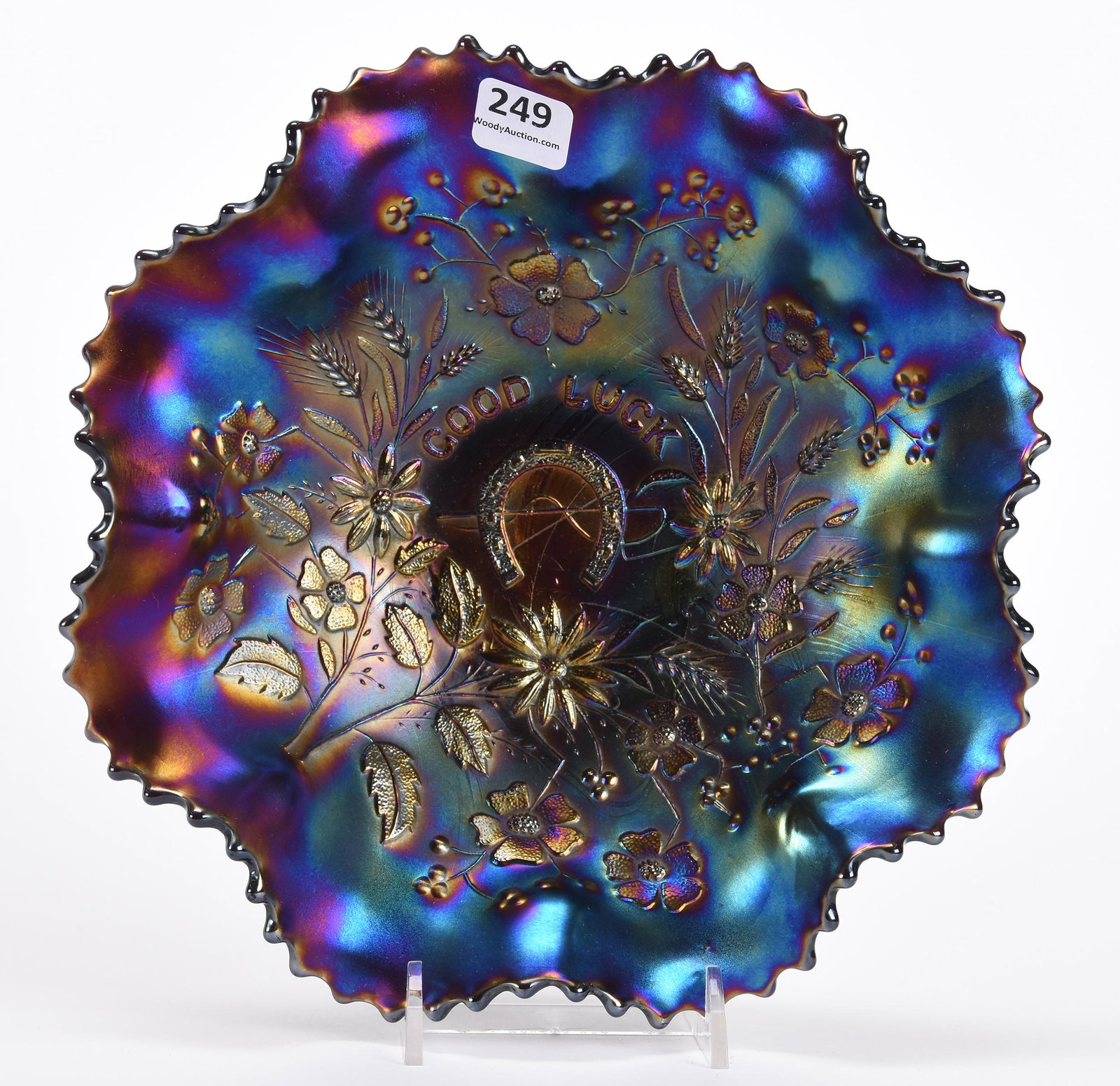 Carnival Glass Bowl, Good Luck Pattern by Northwood: Carnival glass bowl, Good Luck pattern by Northwood; 8.75" Purple, nice iridescence; Don Anderson Collection, Kansas