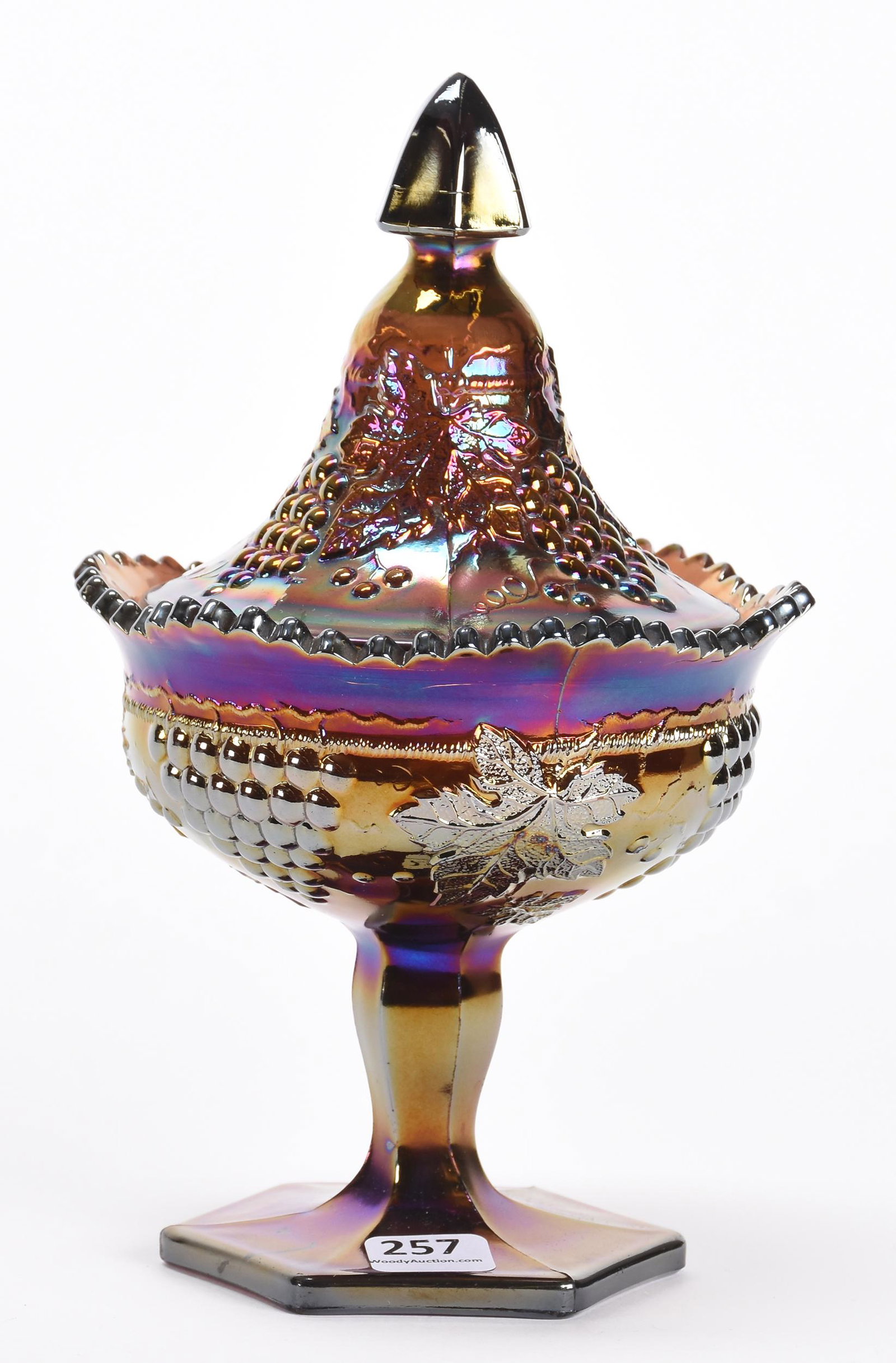 Carnival Glass Sweet Meat, Grape & Cable Pattern: Carnival glass sweet meat, Grape & Cable pattern; 8.5" Amethyst by Northwood - nice iridescence; Don Anderson Collection, Kansas