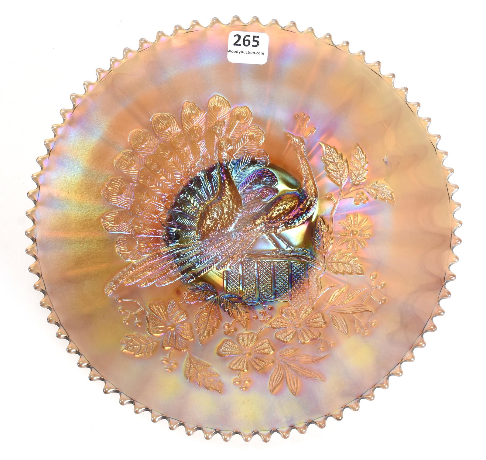 Carnival Glass Plate, Peacocks Pattern by Northwood: Carnival glass plate, Peacocks pattern by Northwood; 9" Horehound, ribbed exterior - nice color!; Don Anderson Collection, Kansas