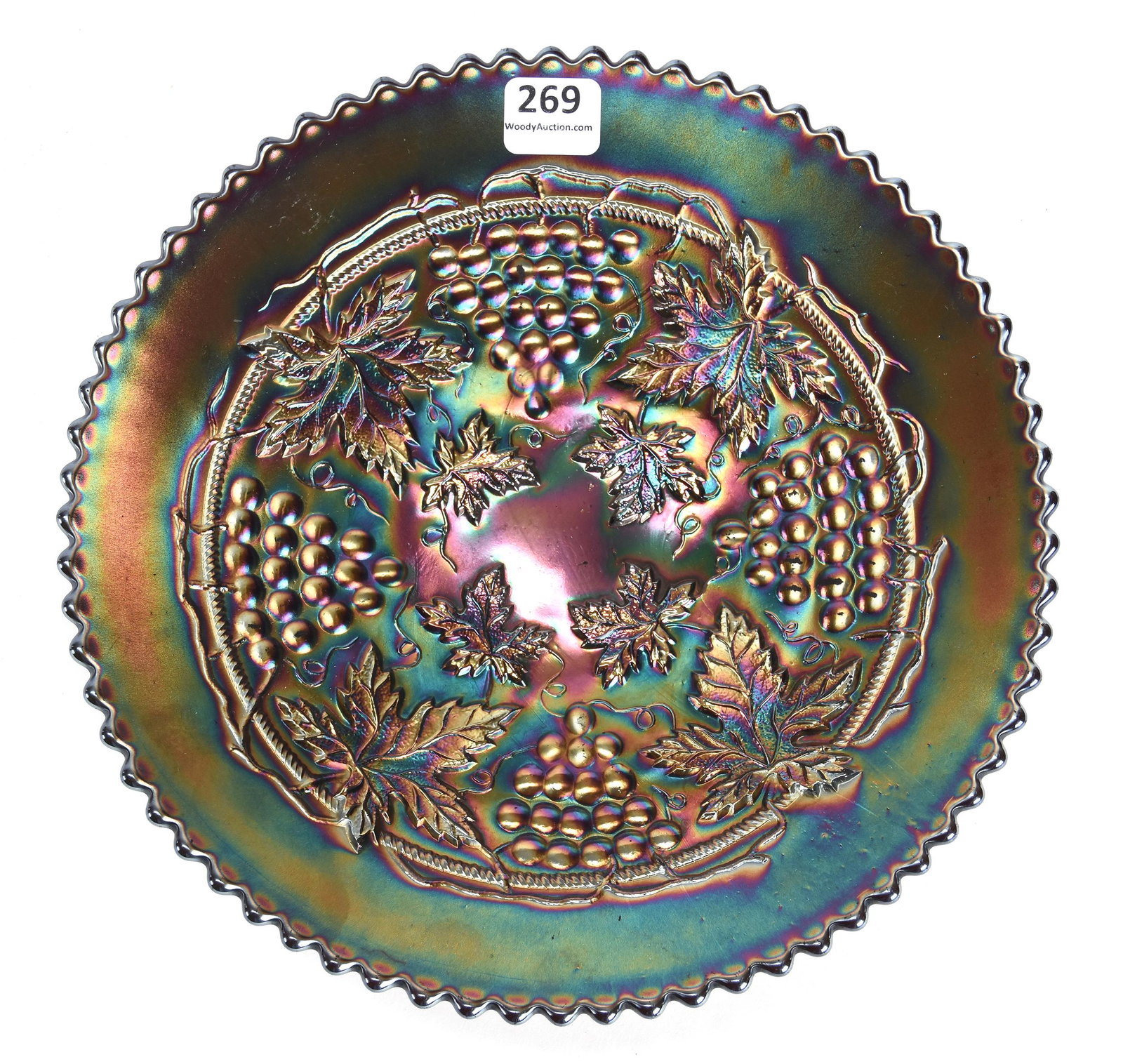 Carnival Glass Plate, Grape & Cable by Northwood: Carnival glass plate, Grape & Cable by Northwood; 8.75" Amethyst, nice iridescence; Don Anderson Collection, Kansas