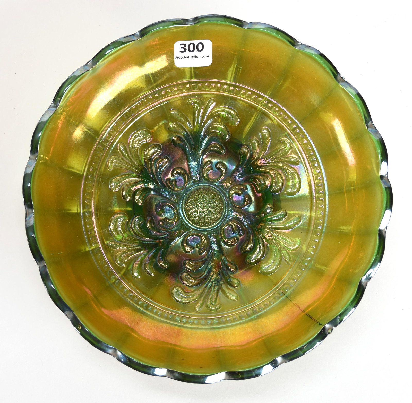 Carnival Glass Bowl, Mayan Pattern by Millersburg: Carnival glass bowl, Mayan pattern by Millersburg; 8" Green, round - nice color; Don Anderson Collection, Kansas