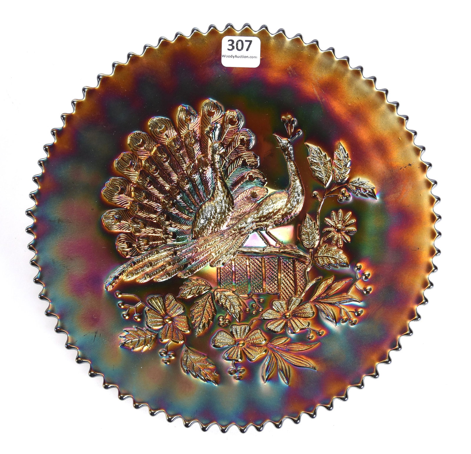 Carnival Glass Plate, Peacocks Pattern by Northwood: Carnival glass plate, Peacocks pattern by Northwood; 9" Amethyst, ribbed exterior - nice iridescence; Don Anderson Collection, Kansas