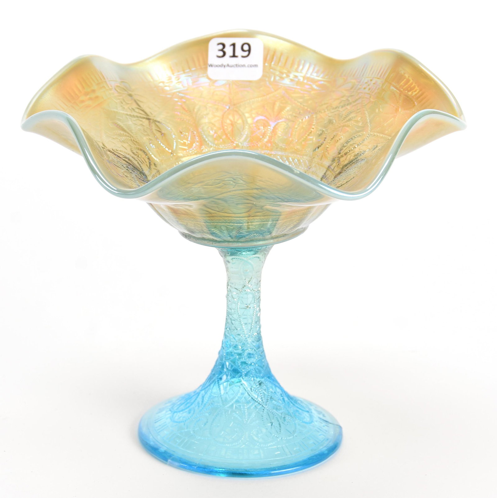 Carnival Glass Compote, Hearts & Flowers Pattern: Carnival glass compote, Hearts & Flowers pattern; 5.75" Aqua Opal by Northwood - nice; Don Anderson Collection, Kansas