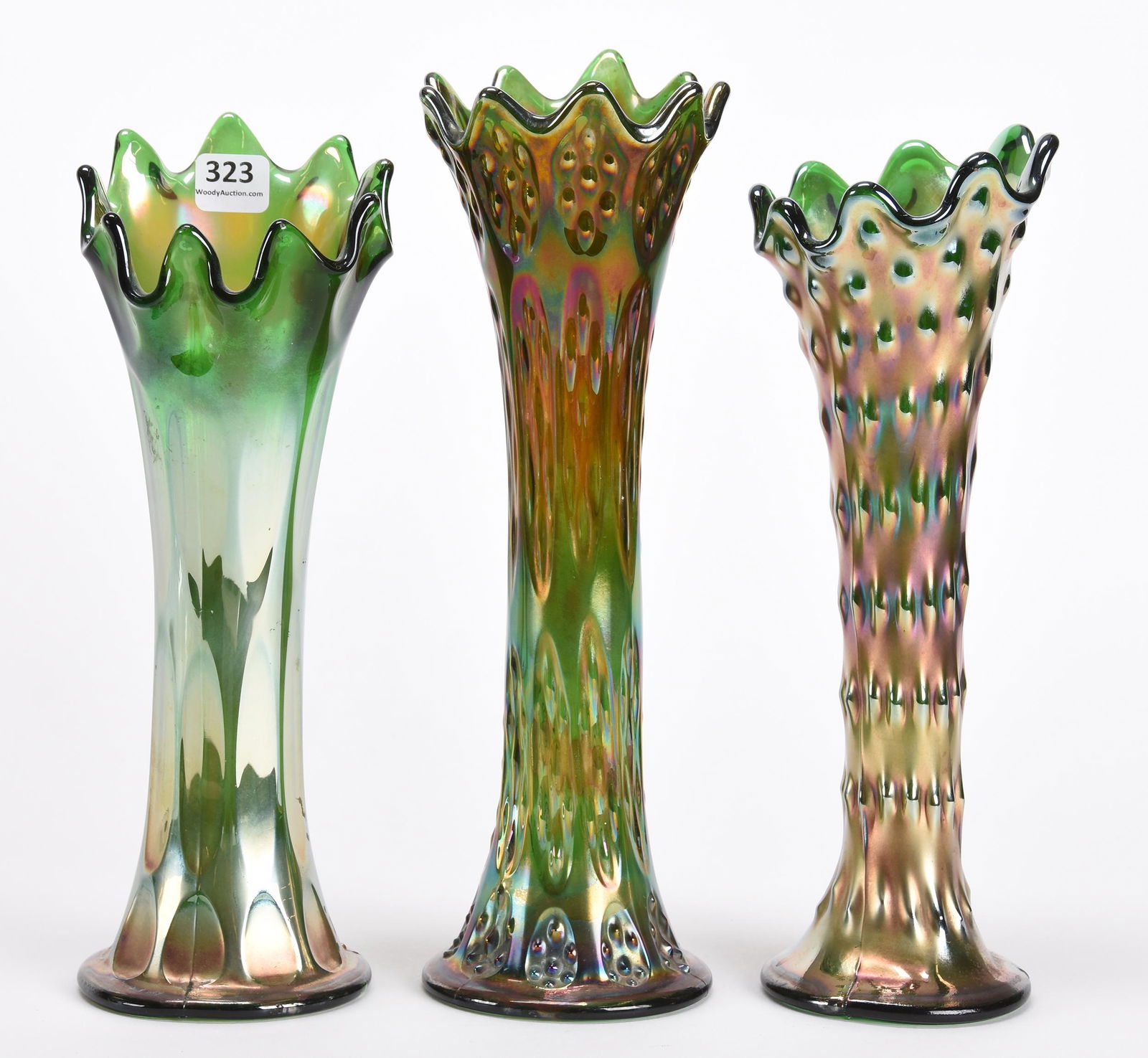 (3) Carnival Glass Vases, Green Fenton Dec 21, 2019 Woody Auction